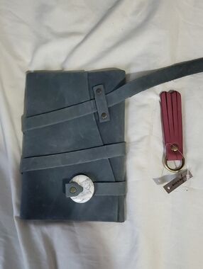 Grey Leather Wrap Journal with Marble Accent & Pink Tassel Keyring